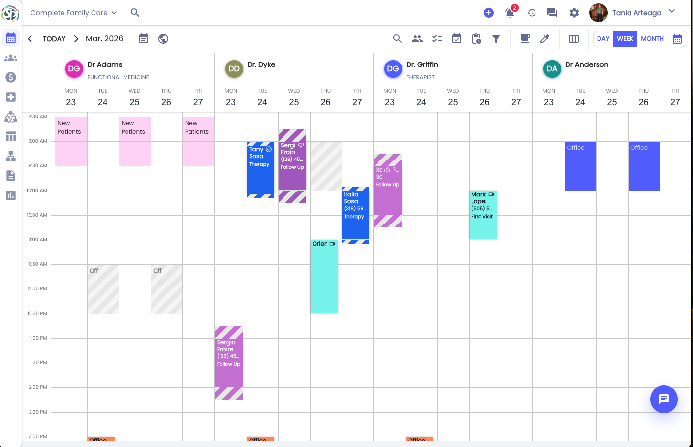 Simplified Practice calendar view with multiple providers and appointments